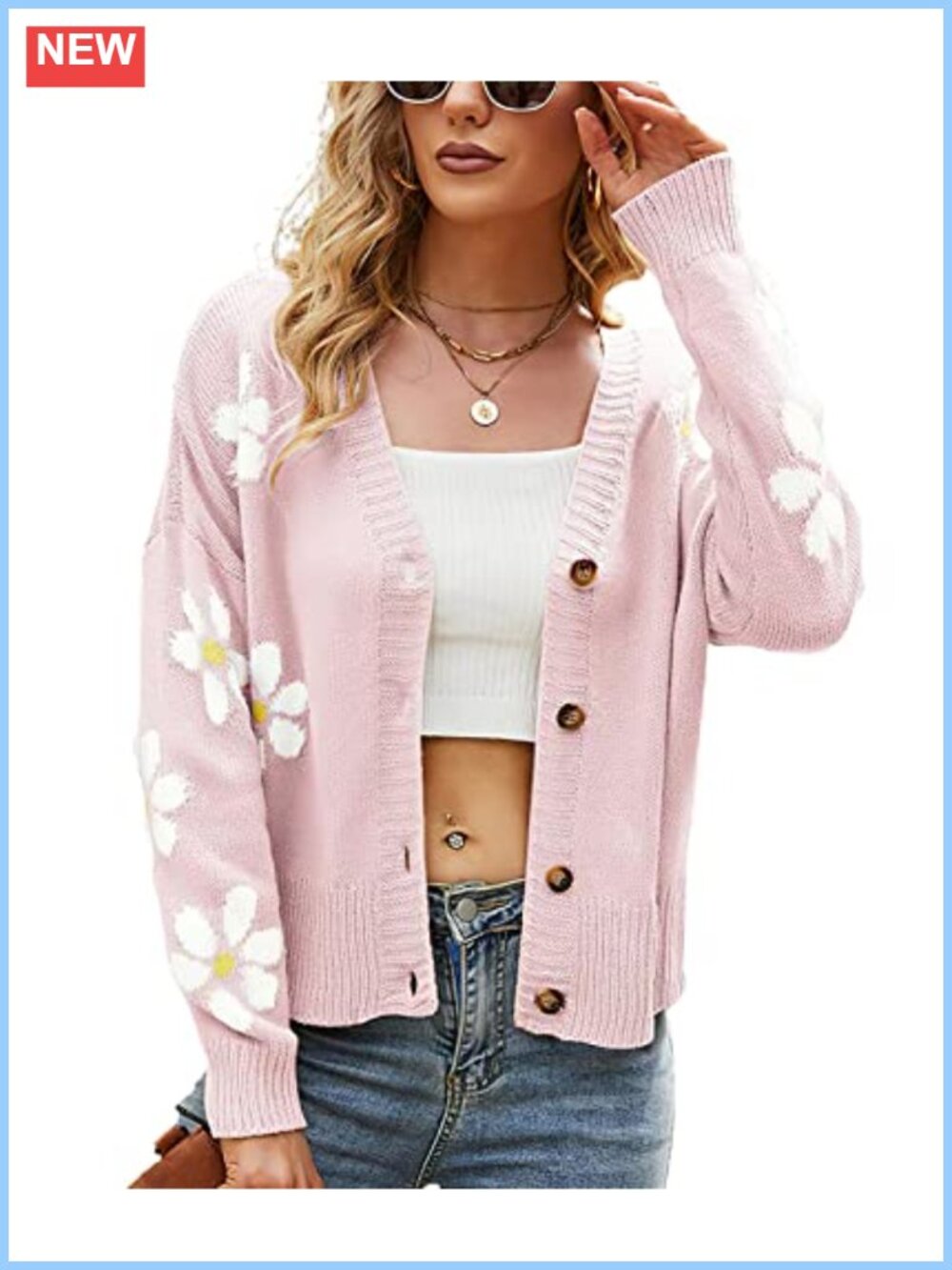 Ribbed Knit Cardigan Slouchy Smile Daisy Button-Up Jacquard Sweater